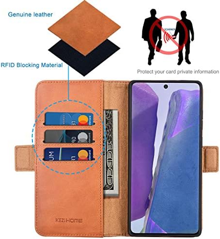 Калъф KEZiHOME Samsung Galaxy Note 20, естествена кожа [RFID lock], една чанта-портфейл Note 20 5G, Панти калъф-книжка със слот за карта, стойка, магнитна закопчалка за Galaxy Note 20 (Хакове/кафяв