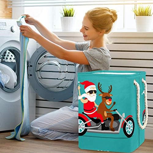 Дядо Коледа и Еленът се Вози На Мотоциклет 300D Оксфорд PVC, Водоустойчив Кошница за Дрехи, Голяма Кошница за Дрехи за Одеяла Дрехи Играчки в Спалнята