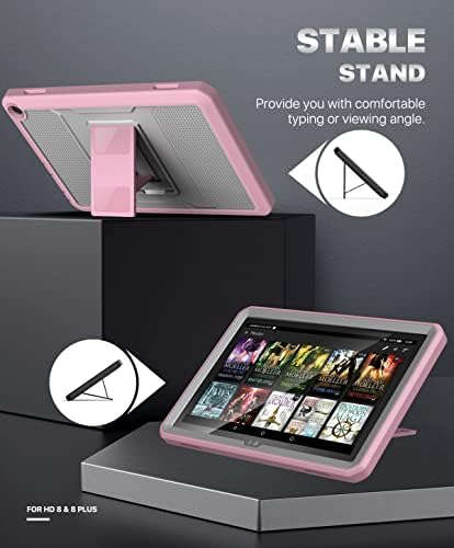 Защитен калъф MoKo, съвместим с планшетами Kindle Fire HD 8-ми и 8 Plus (10-то поколение, випуск 2020 г.), издръжлив корпус по цялото тяло, сверхпрочный калъф с вградена защитно фолио за екрана, сиво / розово