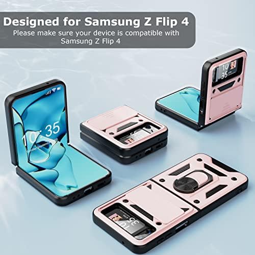 Съвместим калъф за Samsung Z Flip 4 с плъзгащ се капак фотоапарат, устойчив на удари калъф Galaxy Z Flip 4, Околовръстен Държач, Магнитен Калъф за Samsung Flip Z 5G Case-Розово злато