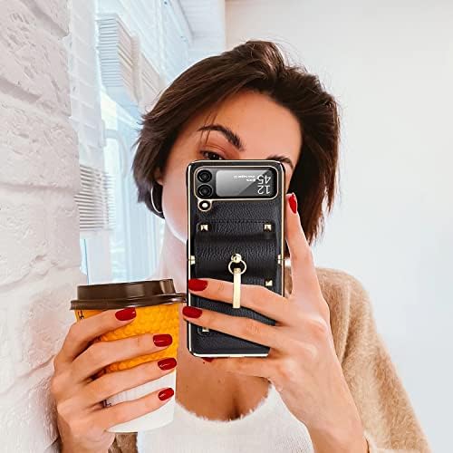 Защитен калъф за смартфон, който е съвместим с Samsung Galaxy Z Flip 4 5G Case чанта за носене-за награда от изкуствена кожа премиум-клас с въртящи околовръстен стойката на 360 °, защита от падане, пълна защита, която