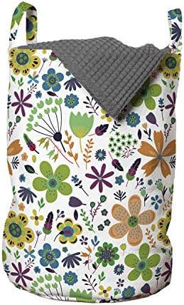 Чанта за дрехи Ambesonne във формата на цвете, Модел от Посочения листа и Кръгли Елементи на Однотонном фона, Кошница за дрехи с дръжки, закрывающаяся на шнур, за пране, 13