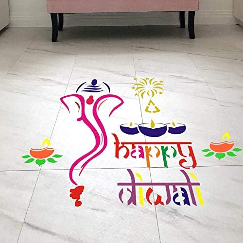 Комплект дървени шаблони Rangoli Ганпати и Хепи Дивали (дърво, 30 см x 30 см, кафяво) от Indian Collectible