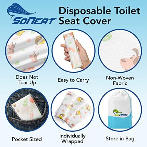 Еднократна калъф за седалката на тоалетната чиния SoNeat - Много Големи Непромокаеми Покривала за седалките на тоалетната чиния, Втулки за Приучения към гърне за детски пътуване и обществените тоалетни, (Животни, 8)