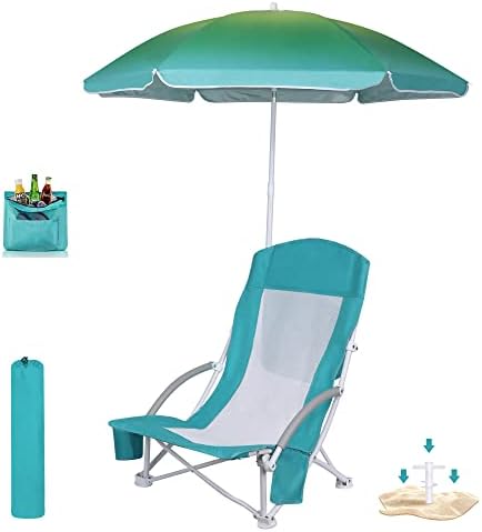 WGOS Плажен стол, Плажен стол с чадър, Плажен стол за възрастни, Походный Стол с висока облегалка, чадър и охладителя, Преносим и лесен за плаж, на улицата, на къмпинг (Комплект от 1 синьо)
