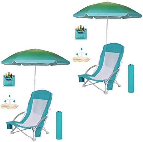 WGOS Плажен стол, Плажен стол с чадър, Плажен стол за възрастни, Походный Стол с висока облегалка, чадър и охладителя, Преносим и лесен за плаж, на улицата, на къмпинг (Комплект от 2 сини)