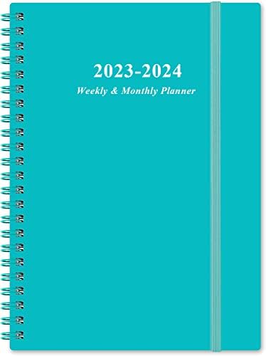 Планер на 2023-2024 години - Седмичен и месечен планер и дневник формат А5 за проследяване на цели, юли 2023 - юни 2024, 6,4 x 8,5, с гъвкаво покритие, раздели, Трайно обвързани от два проводника, Вътрешен джоб, Тюркоаз