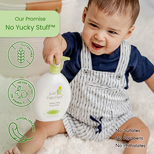 Комплект за измиване на тялото Just Hatched Happy Baby Multi-Pack - Нежна баня + Почистващо средство за тяло, Приятен аромат, подходящ за новородени, хипоалергичен, без вредни вещества и агресивни съставки, 13,5 течни