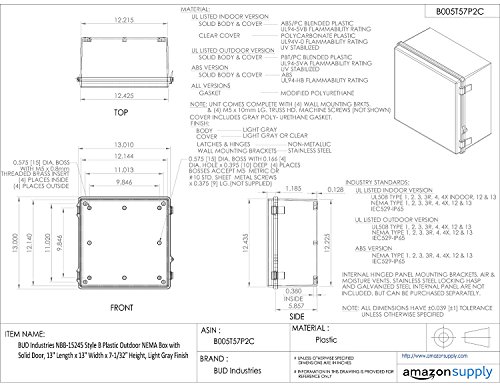 BUD Industries NBB-15245 Стил B Пластмасова Външна кутия NEMA с трайно като 13,01 L x 13,01 W x 7,04H, Сив