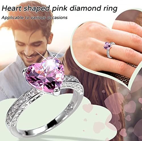 2023 Женски Пръстен с Цирконием и диамантен пръстен във формата на Сърце Любов, Годежен Пръстен, Нежен Пръстен (Розово, 8)