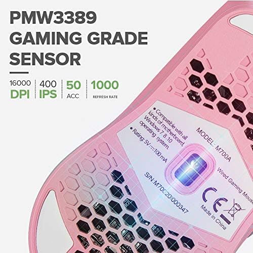 Лека детска мишка DeLUX 67G (2,36 унция) сензор PMW3389, резолюция от 50 до 16000 точки на инч, кабел Paracord, ключ Ormon, RGB подсветка, 7 програмируеми бутони и вграден софтуер Pro (M700BU (розово))