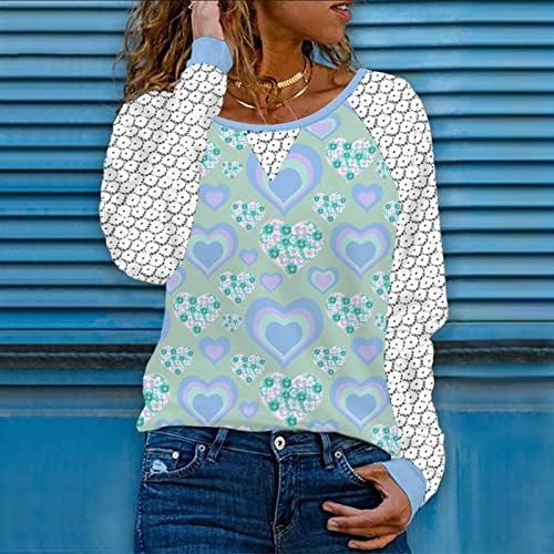 NOKMOPO Ежедневни Блузи за жени, модни и ежедневни hoody с кръгло деколте и завързана ръкав, тениска с дълги ръкави и принтом на сърцето, топ