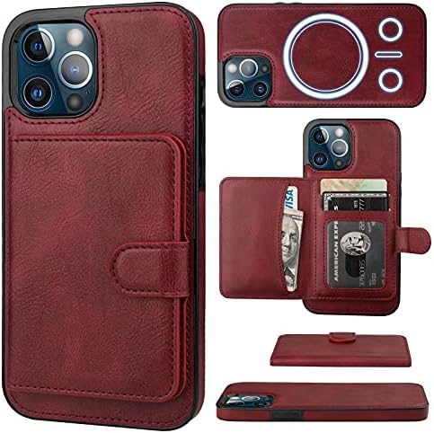 Чанта-портфейл Bocasal за iPhone 12/12 Pro е Съвместим с Магнитна RFID заключване MagSafe, Подвижни, Флип калъф от Изкуствена кожа Премиум-клас с Отделения за карти, Титуляр, Поставка, Безжична зареждане, 6,1 инча (Вино-Червено)