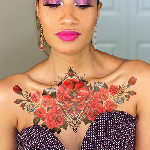 Консайт Цветни Временни татуировки на гърдите, за Жени, Момичета Големи Временни Татуировки за Възрастни Рози Цвете Скъпоценен Камък Фалшив Татуировки за Жени Секси Татуировки Издържат Дълго Реалистична Татуировка по