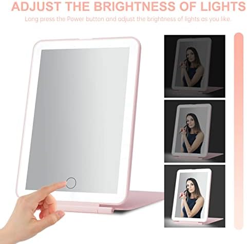 Led Складное Пътно Огледало за грим - 5x6 см, 3 цвята, Режими на осветление, USB Акумулаторна Сензорен Екран, Преносимо Десктоп Козметично Огледало за Пътуване, грим, офис (розов)