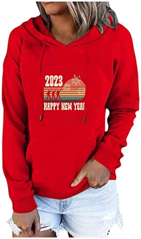 Oplxuo Happy New Year 2023 Блузи с Качулка за Жени, Графичен Пуловер с Дълъг Ръкав и Завязками, Модерен Пуловер, Блуза, Блузи