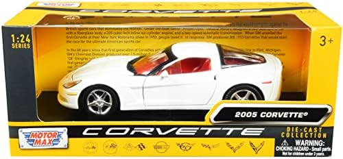 Motormax Играчка 2005 Chevy Corvette C6 Бял с червен интериор Историята на Corvette Series 1/24 Монолитен под натиска на модел на превозното средство Motormax 73270 73270w-rd 0