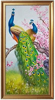 Конфигуриране на Естествени Животни Птица Паун Стенен Арт Деко Ръчно Рисувани с маслени Бои върху Платно (100x200 см)