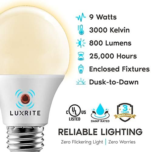 LUXRITE A19 Led лампи за външно осветление от здрач до зори, еквивалент на 60 W, Rms мощност на затворените осветление, Сензор за автоматично включване-изключване, Мек бял цвят 3000 До 800 Лумена, Номинална влажност
