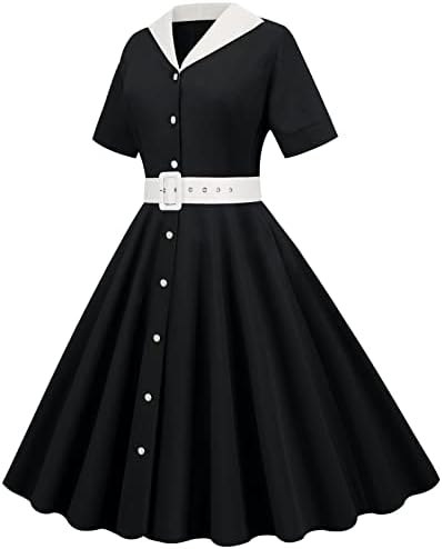 Женски коктейл рокля iQKA трапецовидна форма, свободен, намаляване, расклешенное, с къс ръкав и V-образно деколте, копчета, сватбени рокли за гостите на 1950-те години, Vestidos