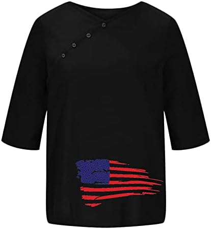 Памук Лен Топ на Деня на Независимостта, Дамска Блуза, с 3/4 ръкав и принтом на Американското знаме, с кръгло деколте и Копчета, Патриотическая Тениска на 4 Юли