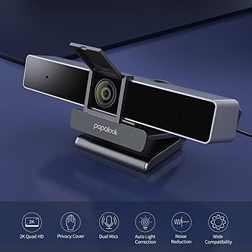 2022 Мащабируеми уеб камера PAPALOOK 2K Ultra HD с Двоен микрофон, уеб камера с фиксиран фокус, статив и защитно покритие, Широкоъгълен преглед на 90 ° за настолен компютър / лаптоп / Mac, Работа със Skype / Zoom /