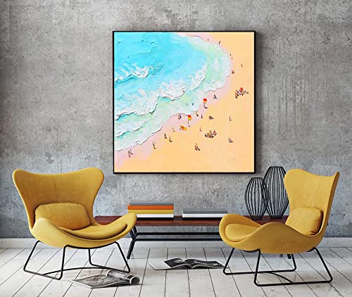 Морски плаж Океан, Бял Пясък Морски Пейзаж Платно Стенно Изкуство е Оригинална Абстрактна Живопис с маслени бои на Платно Бели Вълни Небето Изобразително Изкуство