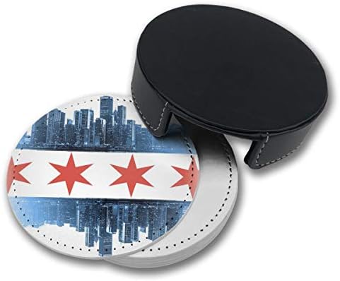 Комплект от 6 Кожени Каботажните EKUIOP с титуляра, Поставка за напитки с участието на знамето на Чикаго, е един Забавен Подарък, Кръгла Подложка за чаши за дома и кухнята