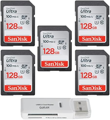 Карта памет SanDisk 128 GB Ultra SDXC UHS-I Class 10 100 MB/s U1, Full HD, SD карта за камерата (5 бр.) в комплект с (1) устройство за четене на GoRAM