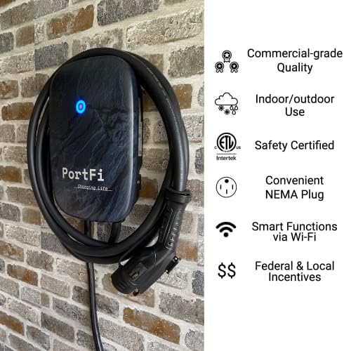 Зарядно устройство PortFi Charging Lite Smart Level 2 за електрически автомобили (EV) - Удостоверение за безопасност, вътре / вън помещения, щепсел NEMA 14-50, зарядно устройство L2 EVSE / EV (с поддръжка на Wi-Fi,