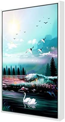 999Store плаващ рамка природата птици облак слънцето трева и дърво вертикална картина за стена (Canvas_White Frame_16X24 инча), Бяла 071