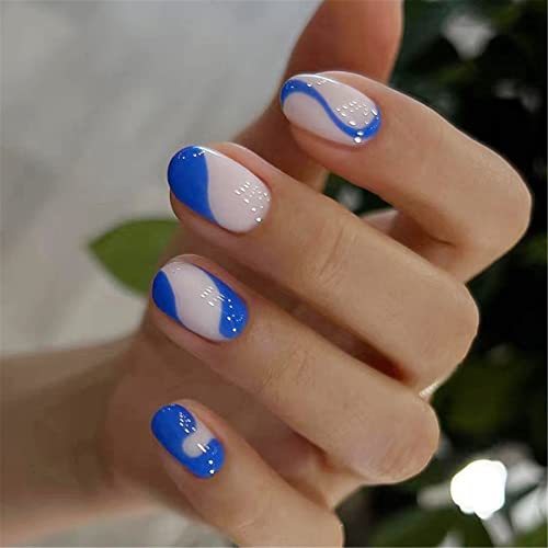 1 опаковка (24 броя) Синьо-бели режийни ноктите, пълно покритие, лепило за нокти, изкуствена лента за нокти, дизайн на ноктите, ABS, женски стъклени мъниста обем 1 мл