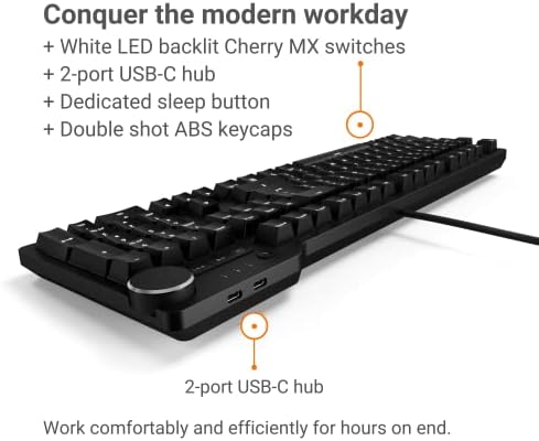 Професионална жичен механична клавиатура Das Keyboard 6 с подсветка – Тактилни превключватели Cherry MX Brown, Светещи капачки за ключове, 2-портов хъб USB C, средства за управление на мултимедия, Издръжлив алуминиев