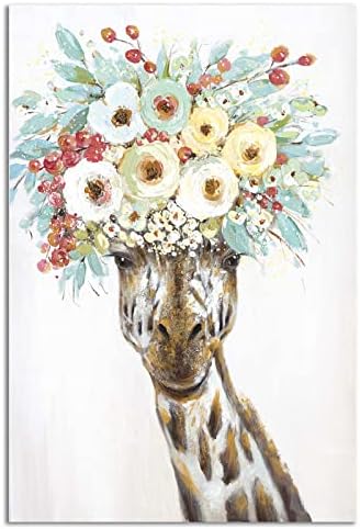 CSWMZQZY Украса във формата на Жираф Скъпа Главата на Жирафа с Цветя 3d Картина с маслени Бои Ръчно изработени Изображения на Животни Са идеални за Украса на детска Стая, в Рамката 20 x 30