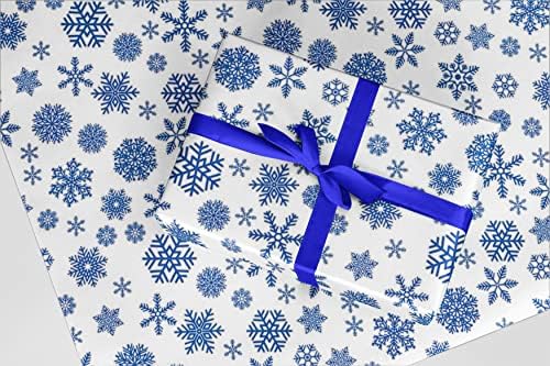 Подарък амбалажна хартия със сини снежинками на бял фон - 24 x 10