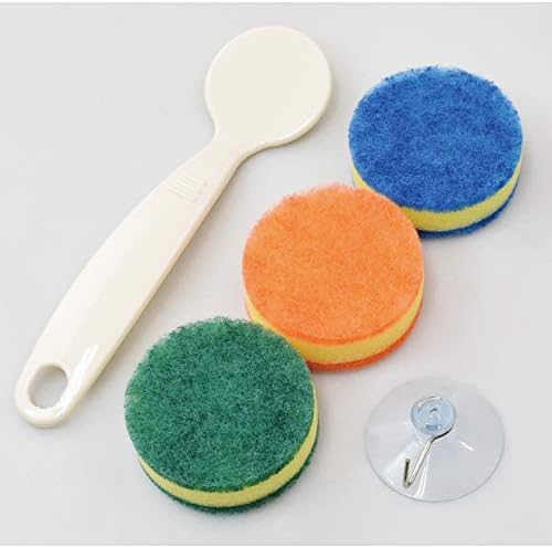 ファイン(Fine) Pikatto четка за почистване на кухня, 商品サイズ：ハンドル：長さ19×幅5×1.5 ｃｍ、スポンジ：直径6.5×厚さ2.5 см, корпус: бяло, гъба: син, оранжев, зелен