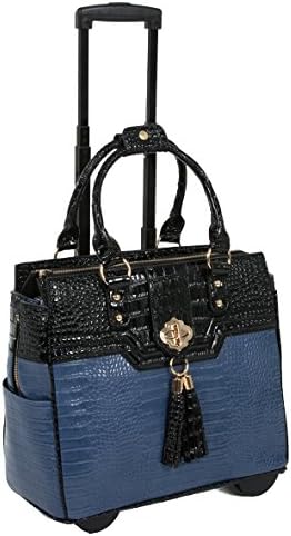 Портфолио на колела за лаптоп JKM & Company - Синьо-черна чанта на колела от кожа на алигатор OCEANSIDE или чанта за носене - Идея за подарък за Деня на майката