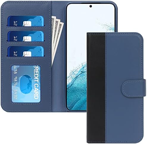 Fyi, за Samsung Galaxy S22 5G Калъф, [Естествена кожа] Чанта-портфейл за телефон с държач за карти и стойка за Samsung Galaxy S22 5G 6,1 Тъмно синьо и черно