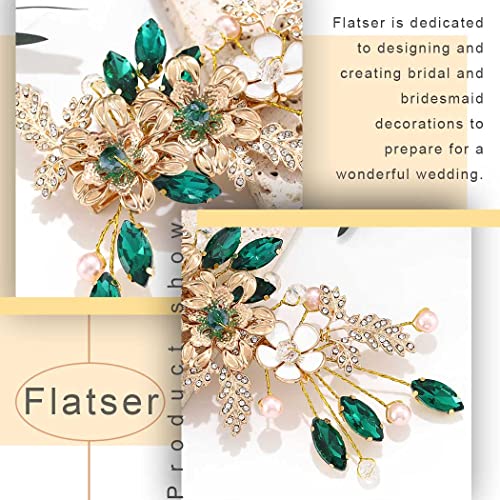 Плосък сватбена шнола за коса със зелен кристал, златни цветя, перли фиби за коса на булката, стразовый лист, сватбени аксесоари за коса за жени