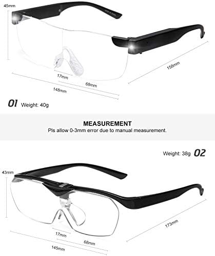 Увеличителни Очила SKYWAY 160% с led подсветка, Акумулаторна Лупа с осветление, Очила за четене на етикети с малки отпечатъци, работа с близки на разстояние, Бродерия, хоби, свободни ръце, 2 опаковки 1.6 X
