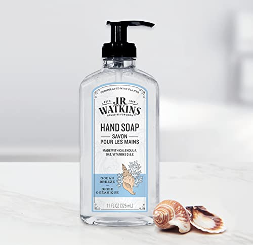 Гелевое сапун за ръце J. R. Watkins с дозатор, Овлажняващ крем за измиване на ръцете, Напълно Естествен, Без алкохол, Без насилие, Направено в САЩ, Ocean Breeze, 11 течни унции, 3 опаковки